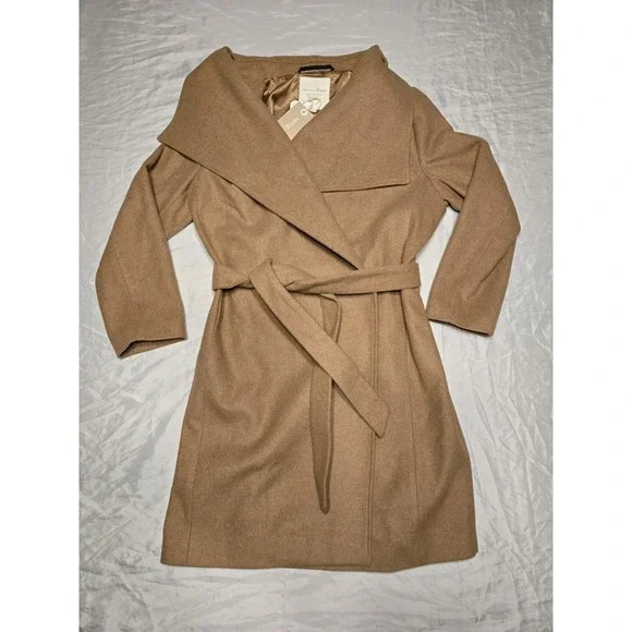 NWT Tom Tailor Denim Womens XL Coat Brown Wool Look Polyester Tie Pockets Luxe - Picture 2 of 11